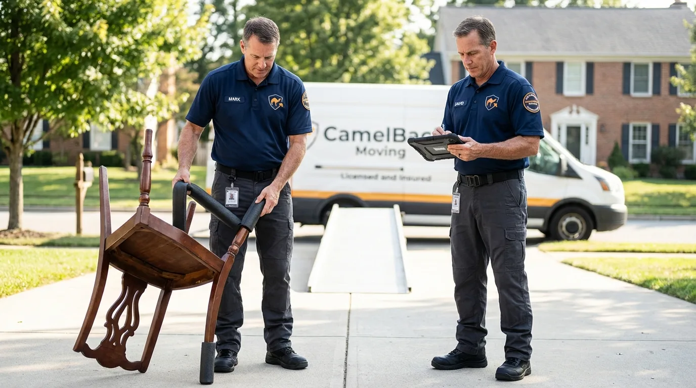 Movers inspecting furniture for damage prevention before loading in Issaquah, WA